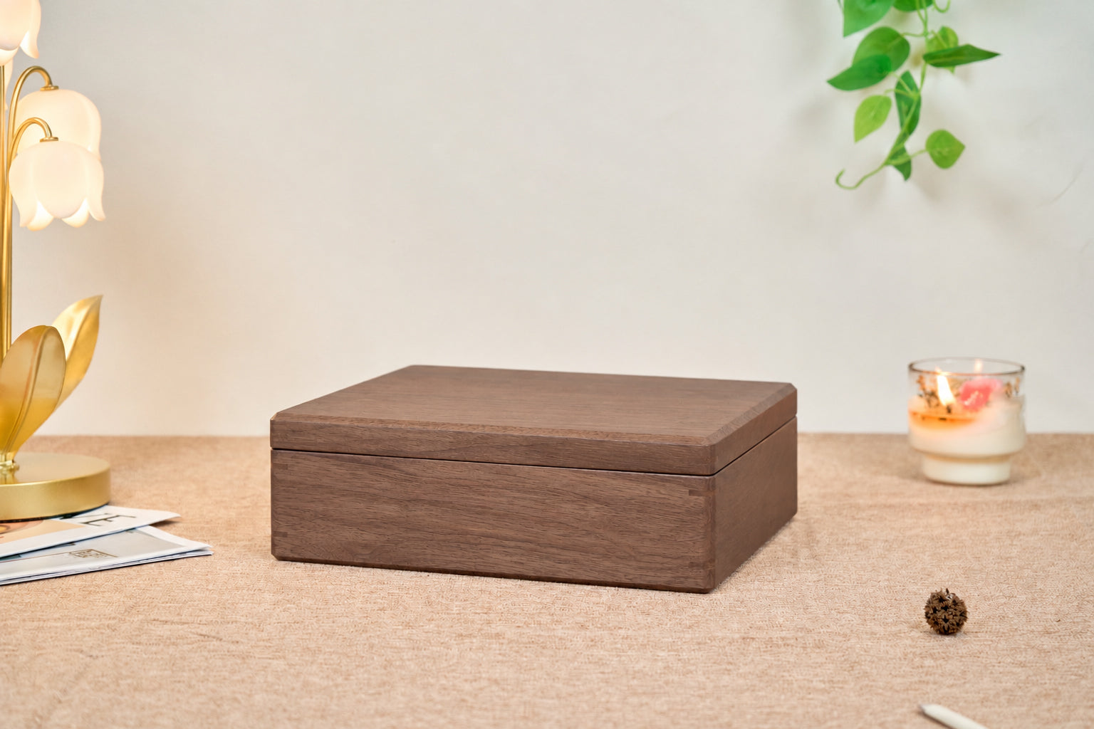 Walnut Jewelry Box with Green Lining, Necklace Hooks & Ring Tray 1