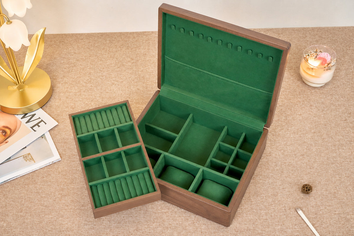 Walnut Jewelry Box with Green Lining, Necklace Hooks & Ring Tray 4