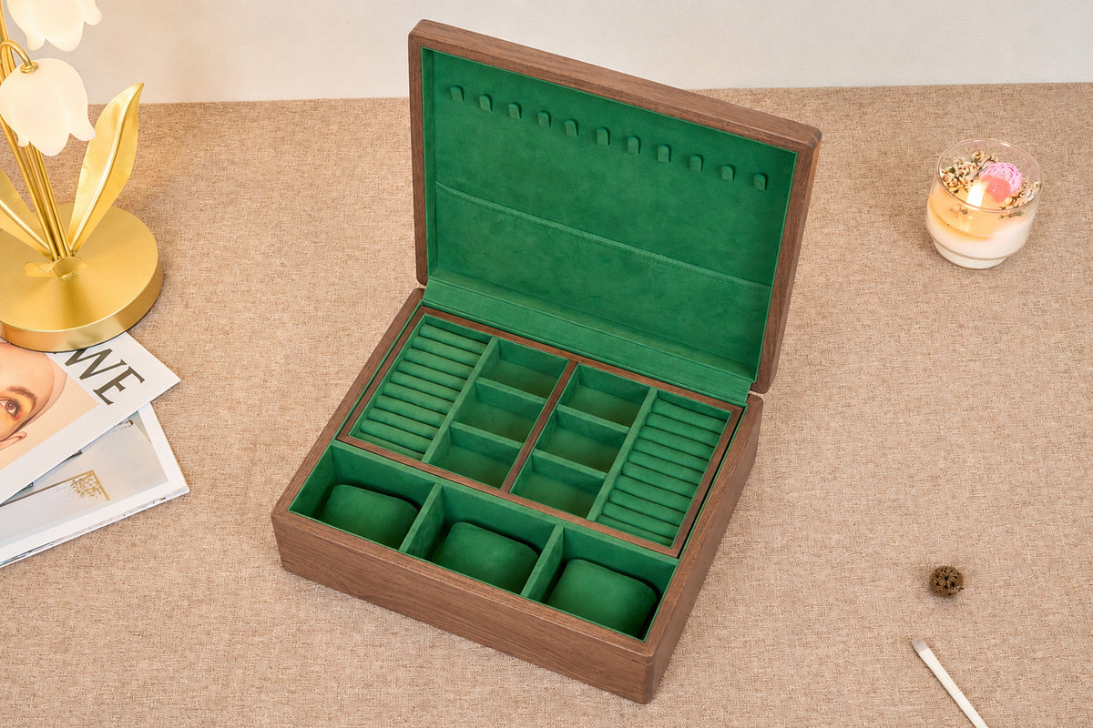 Walnut Jewelry Box with Green Lining, Necklace Hooks & Ring Tray 5