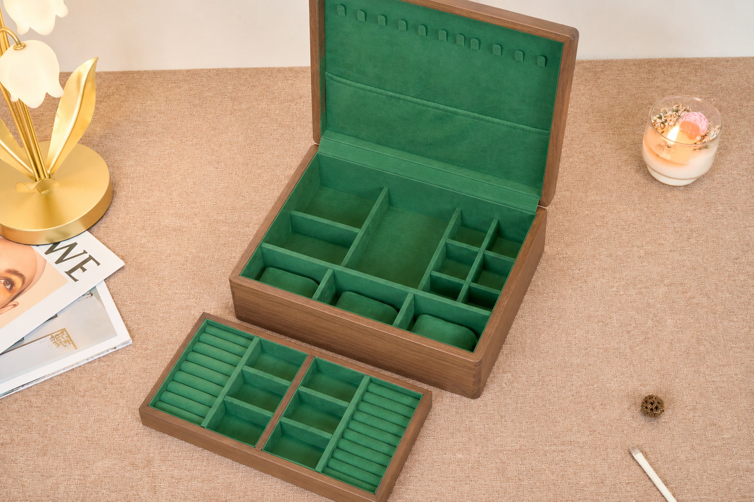 Walnut Jewelry Box with Green Lining, Necklace Hooks & Ring Tray 6