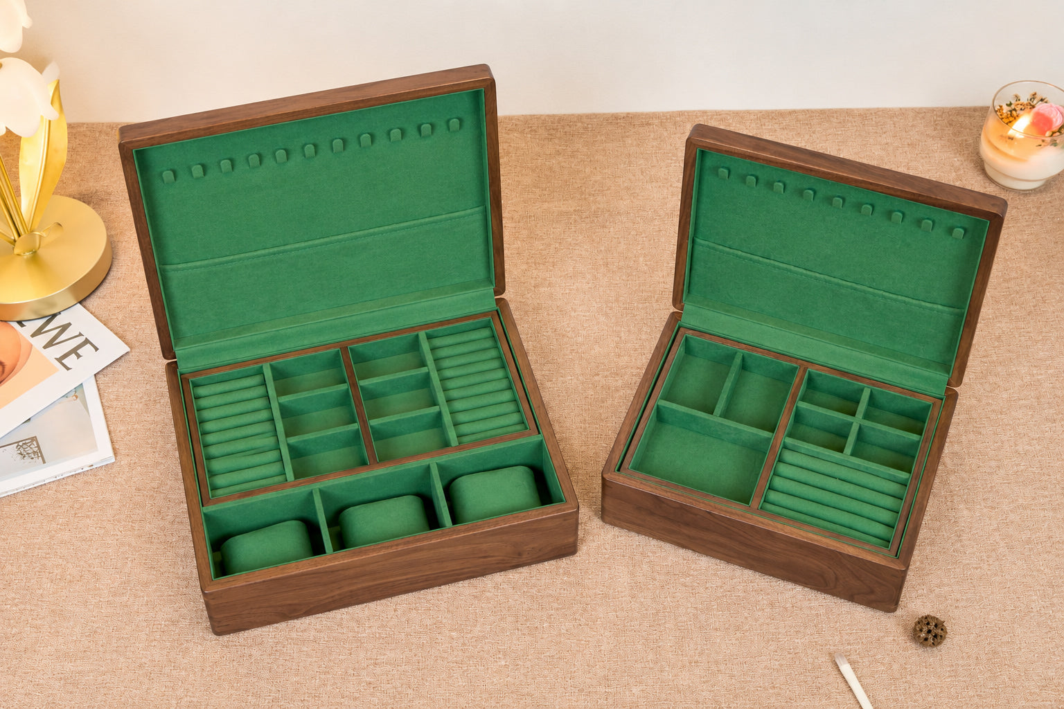 Walnut Jewelry Box with Green Lining, Necklace Hooks & Ring Tray 8