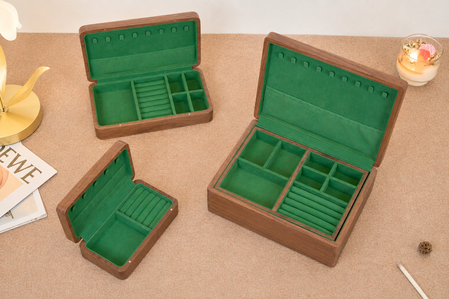 Walnut Jewelry Box with Green Lining, Necklace Hooks & Ring Tray 13