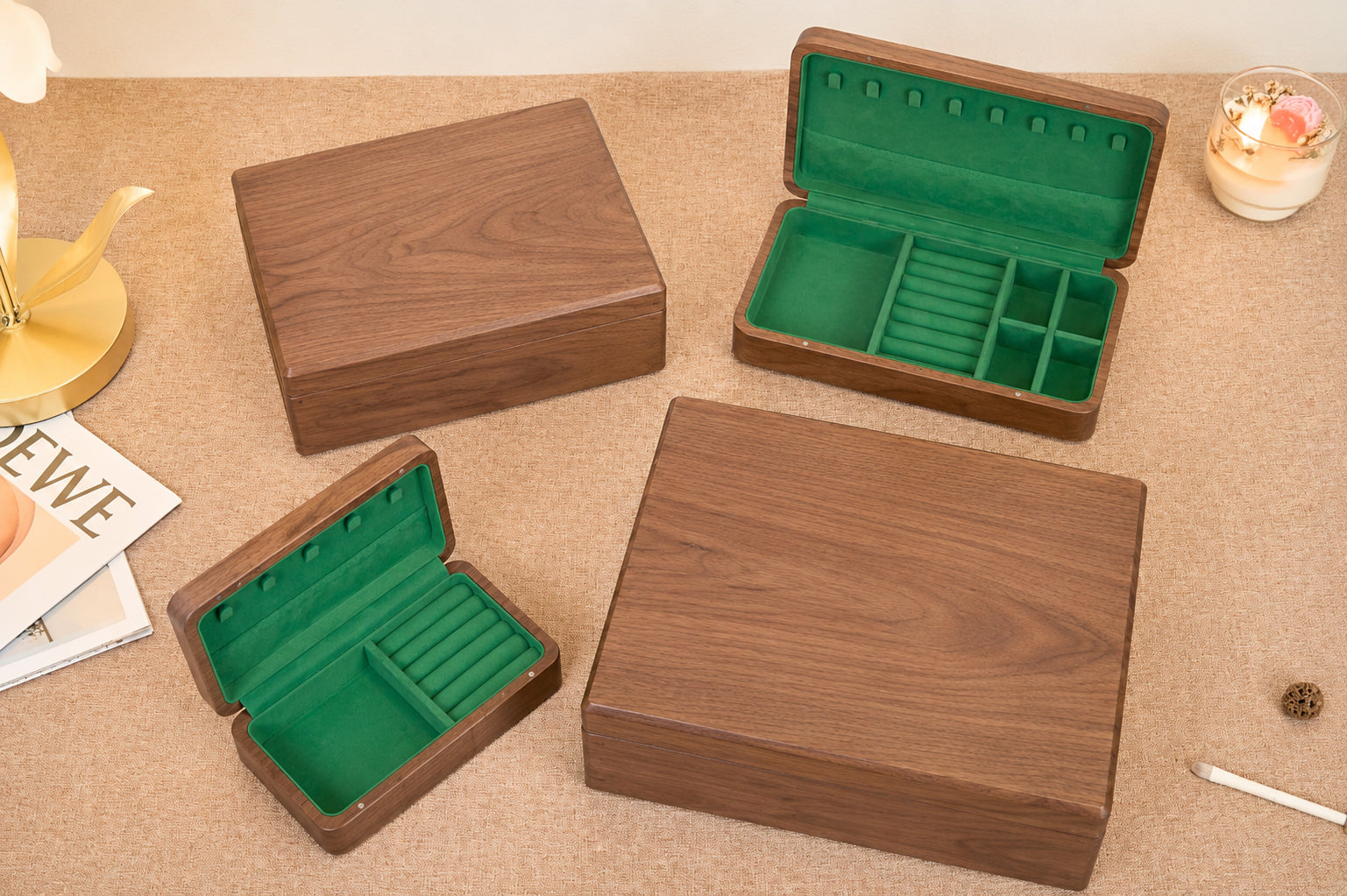 Walnut Jewelry Box with Green Lining, Necklace Hooks & Ring Tray 14