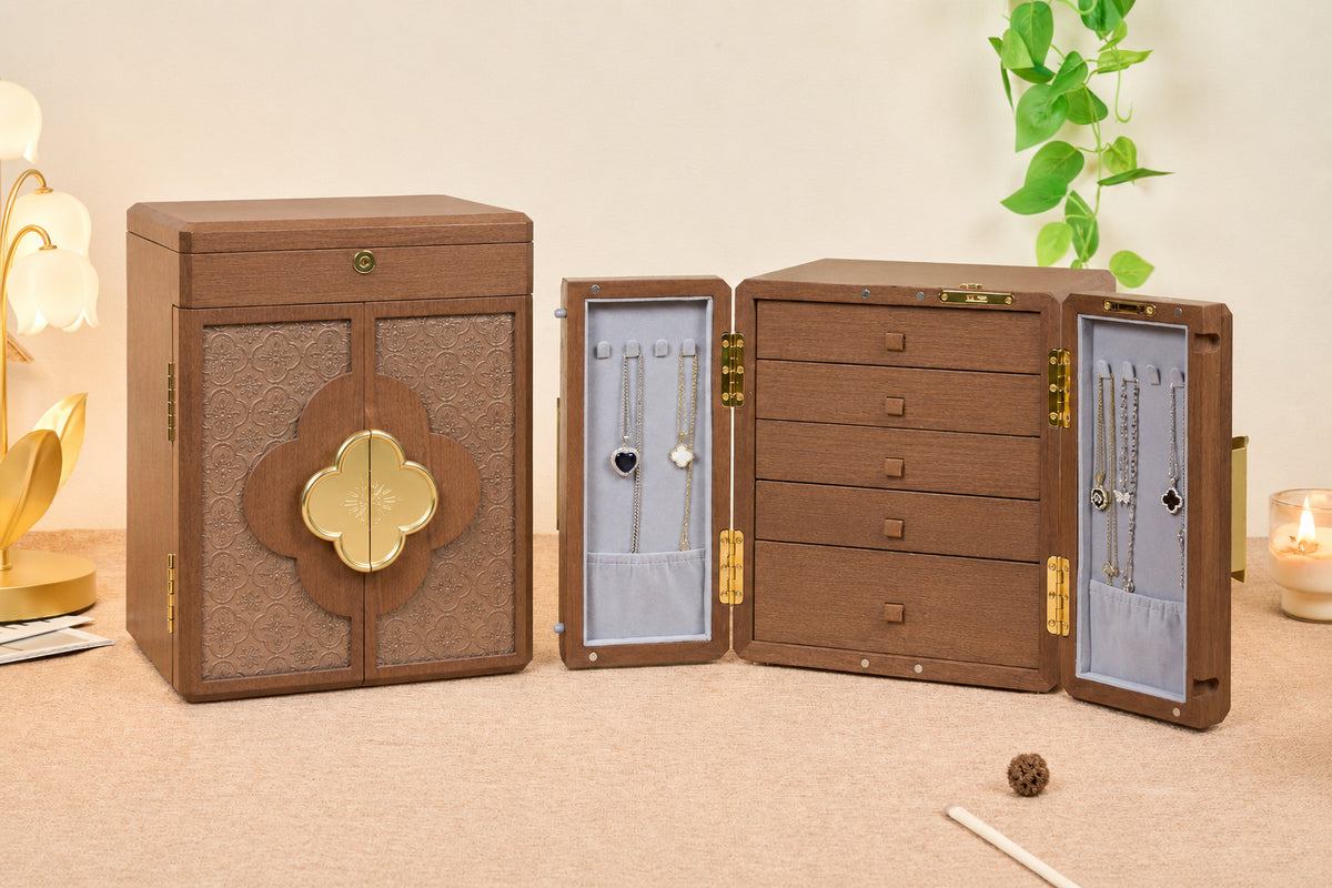 Lockable Walnut Jewelry Cabinet with Double Doors & 5 Drawers 3