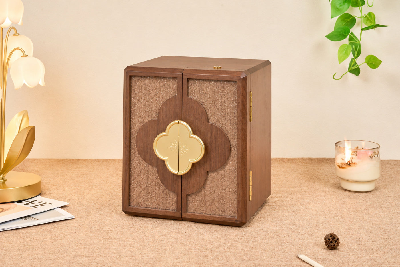 Lockable Walnut Jewelry Cabinet with Double Doors & 5 Drawers 4