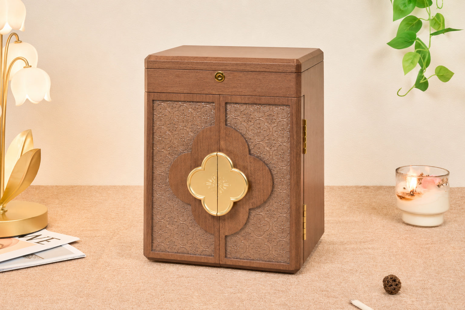 Lockable Walnut Jewelry Cabinet with Double Doors & 5 Drawers 6