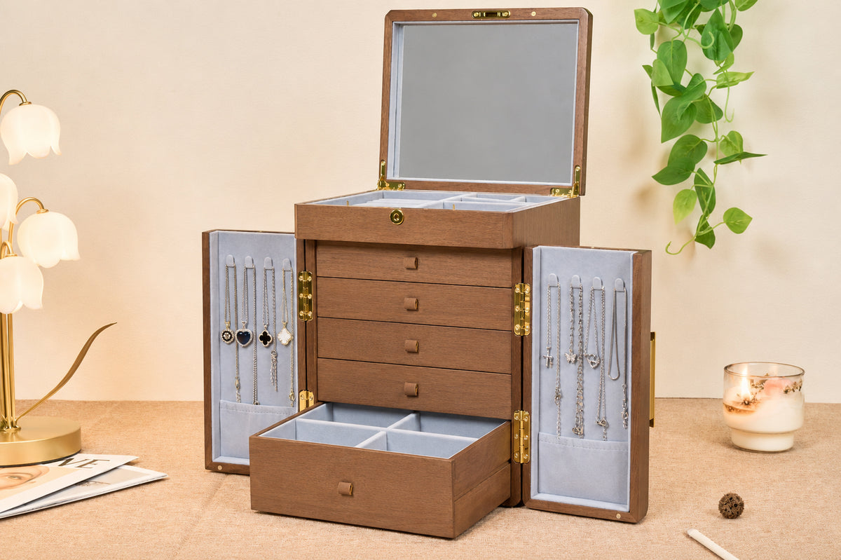 Lockable Walnut Jewelry Cabinet with Double Doors & 5 Drawers 8