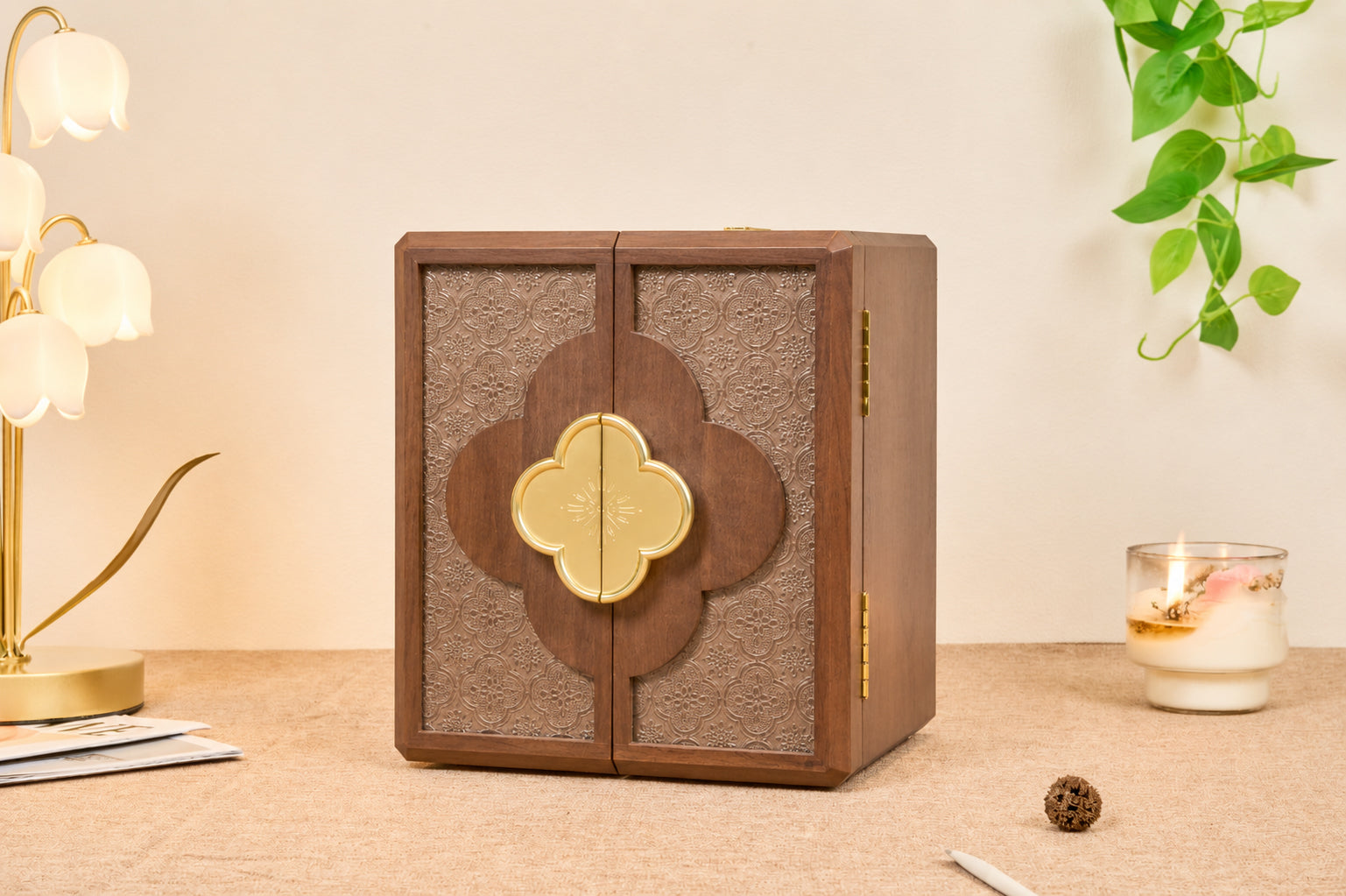Lockable Walnut Jewelry Cabinet with Double Doors & 5 Drawers 10