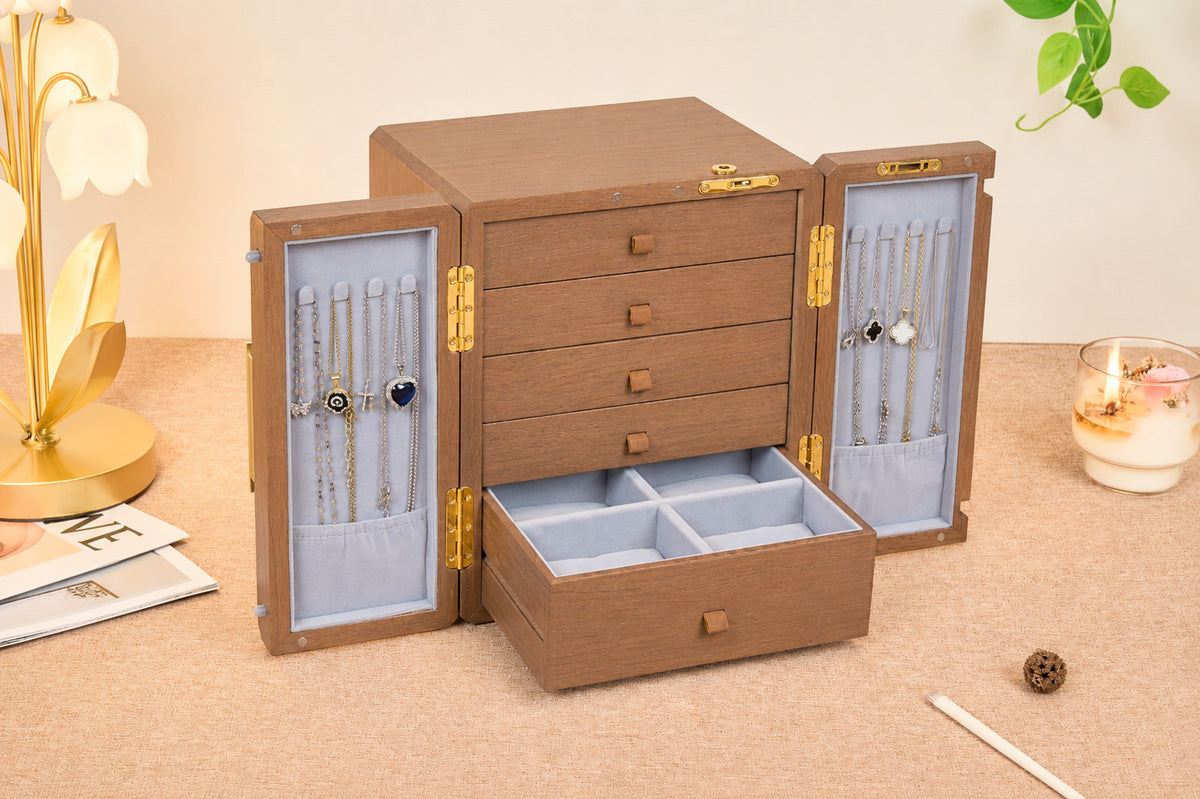 Lockable Walnut Jewelry Cabinet with Double Doors & 5 Drawers 11