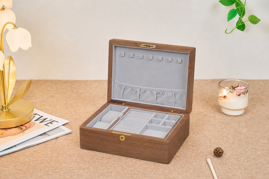 Lockable Walnut Jewelry Box with Necklace Hooks & Ring Storage 3