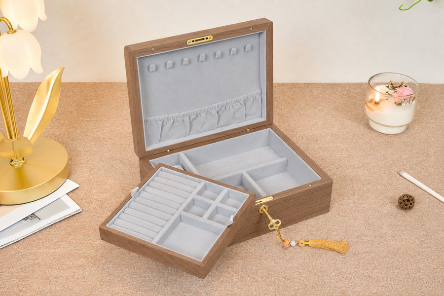 Lockable Walnut Jewelry Box with Necklace Hooks & Ring Storage