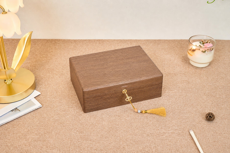 Lockable Walnut Jewelry Box with Necklace Hooks & Ring Storage 7