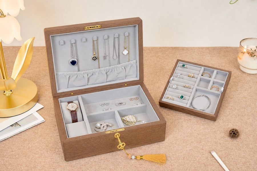Lockable Walnut Jewelry Box with Necklace Hooks & Ring Storage