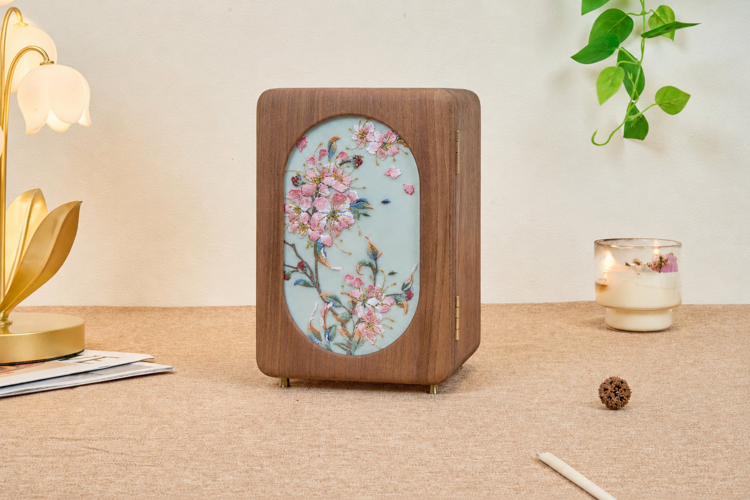 Floral Walnut Jewelry Cabinet with 5 Drawers & Necklace Hooks 2