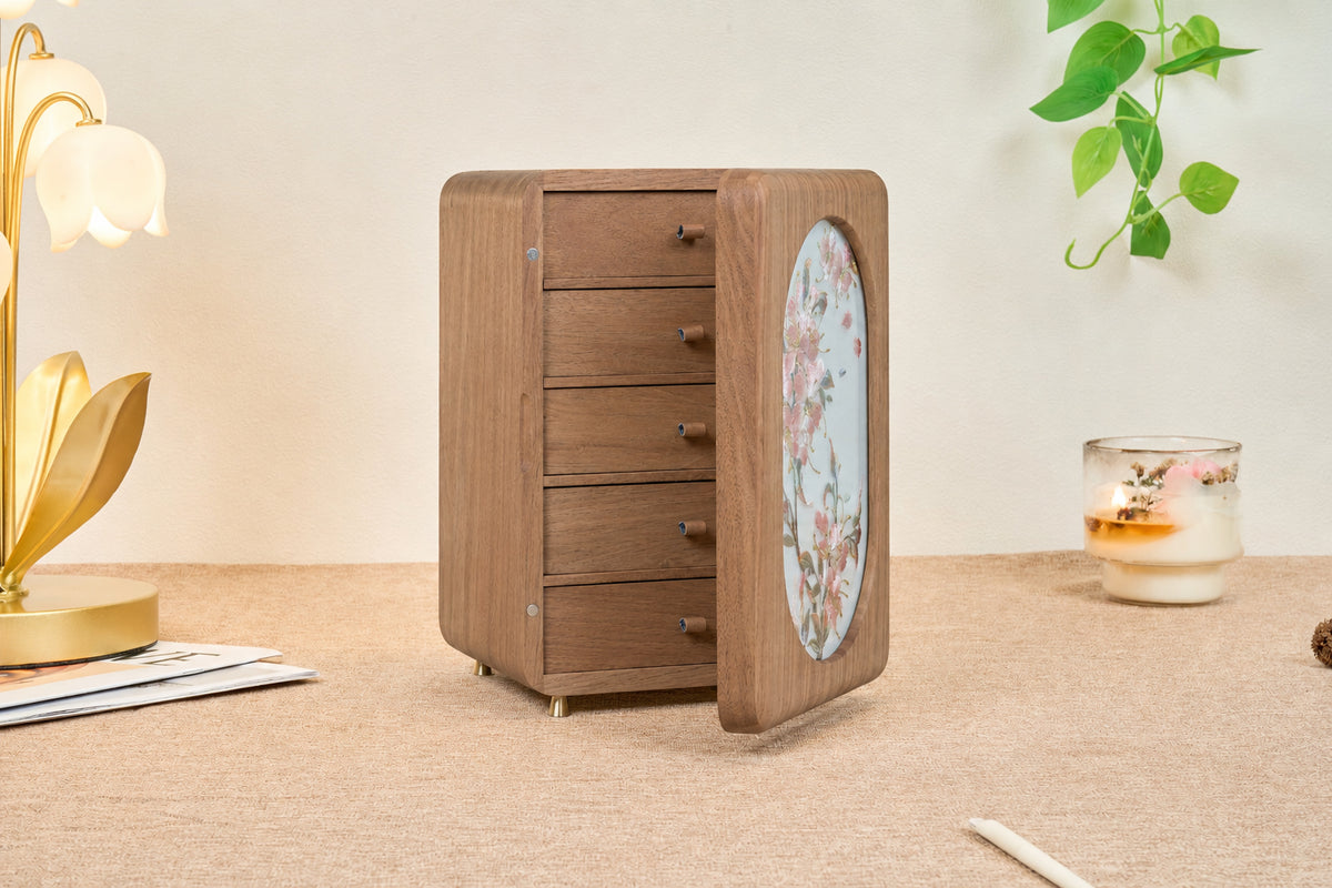 Floral Walnut Jewelry Cabinet with 5 Drawers & Necklace Hooks 3