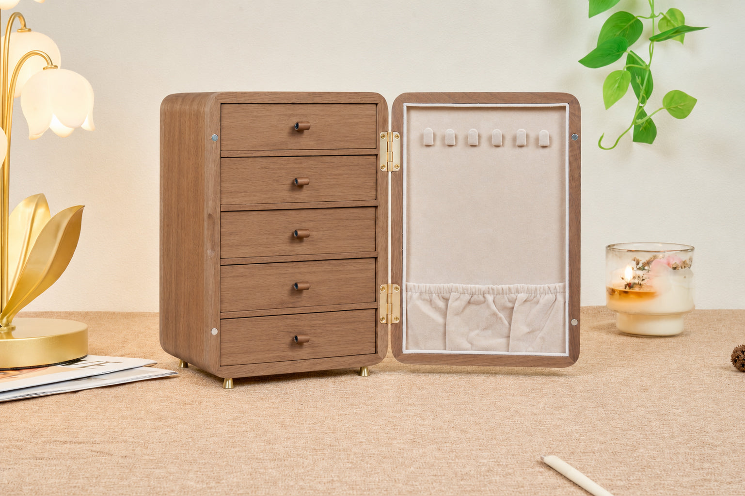 Floral Walnut Jewelry Cabinet with 5 Drawers & Necklace Hooks 4