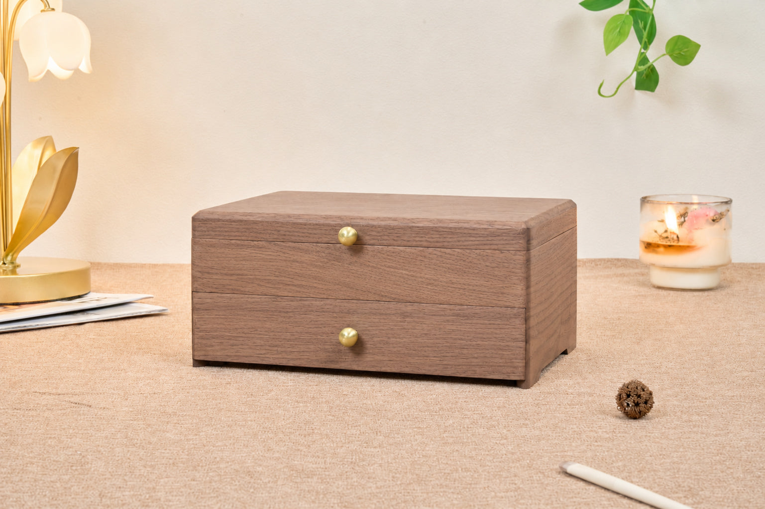 Two-Tier Walnut Jewelry Box with Necklace Hooks & Drawer 1