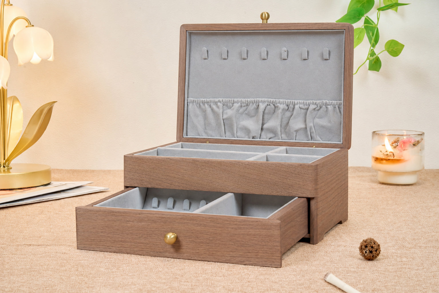 Two-Tier Walnut Jewelry Box with Necklace Hooks & Drawer 2