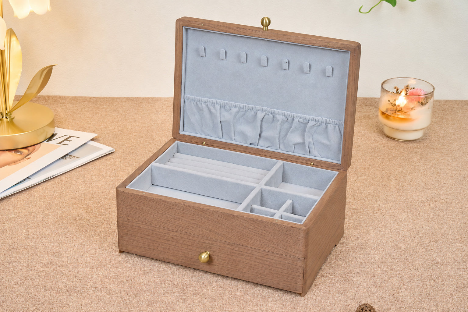 Two-Tier Walnut Jewelry Box with Necklace Hooks & Drawer 3