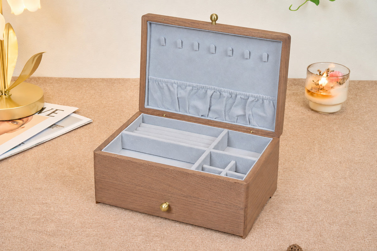 Two-Tier Walnut Jewelry Box with Necklace Hooks & Drawer 3