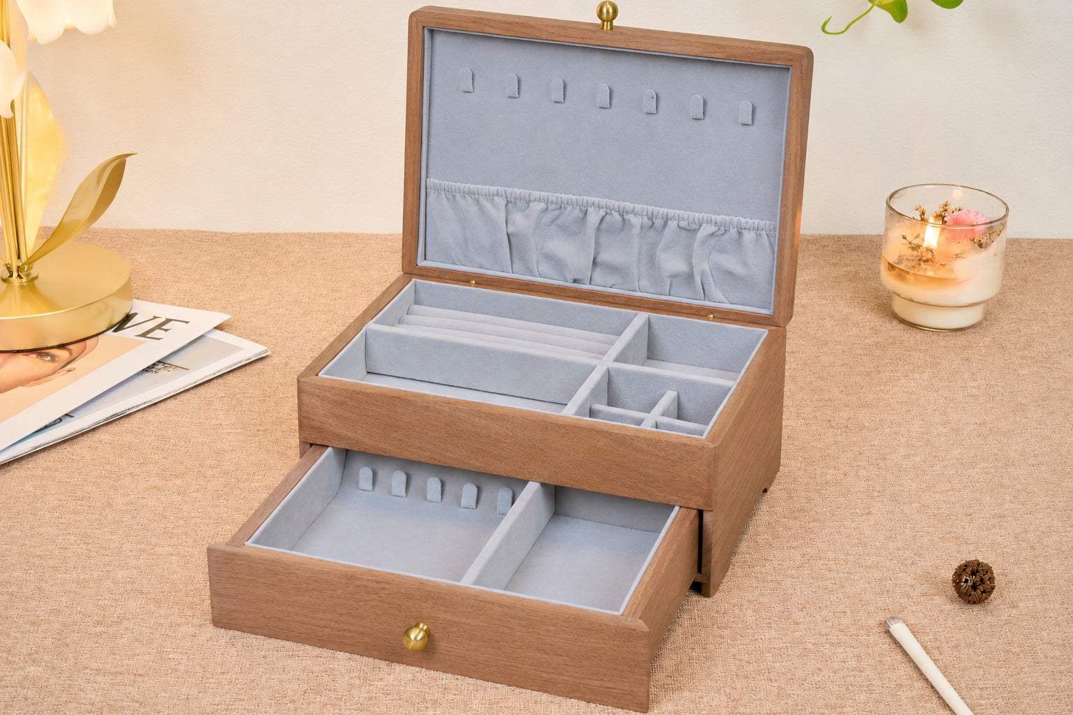 Two-Tier Walnut Jewelry Box with Necklace Hooks & Drawer 4