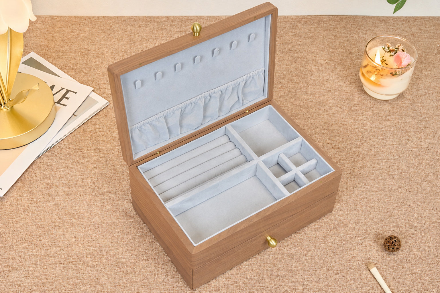 Two-Tier Walnut Jewelry Box with Necklace Hooks & Drawer 5