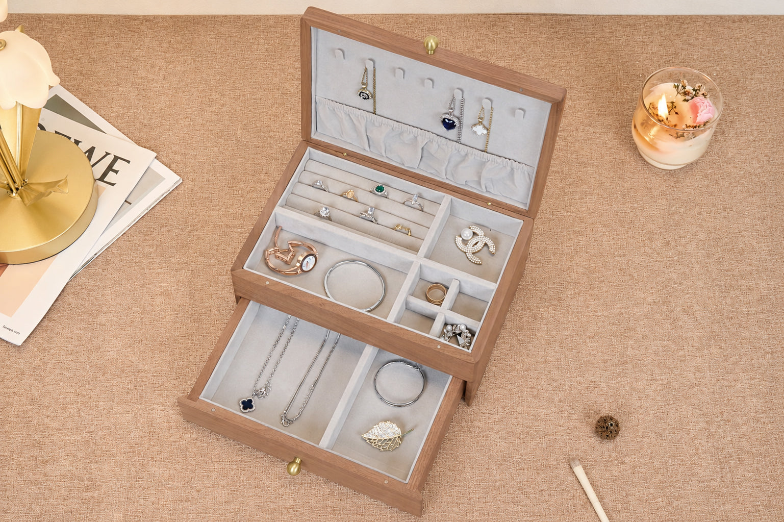 Two-Tier Walnut Jewelry Box with Necklace Hooks & Drawer 6