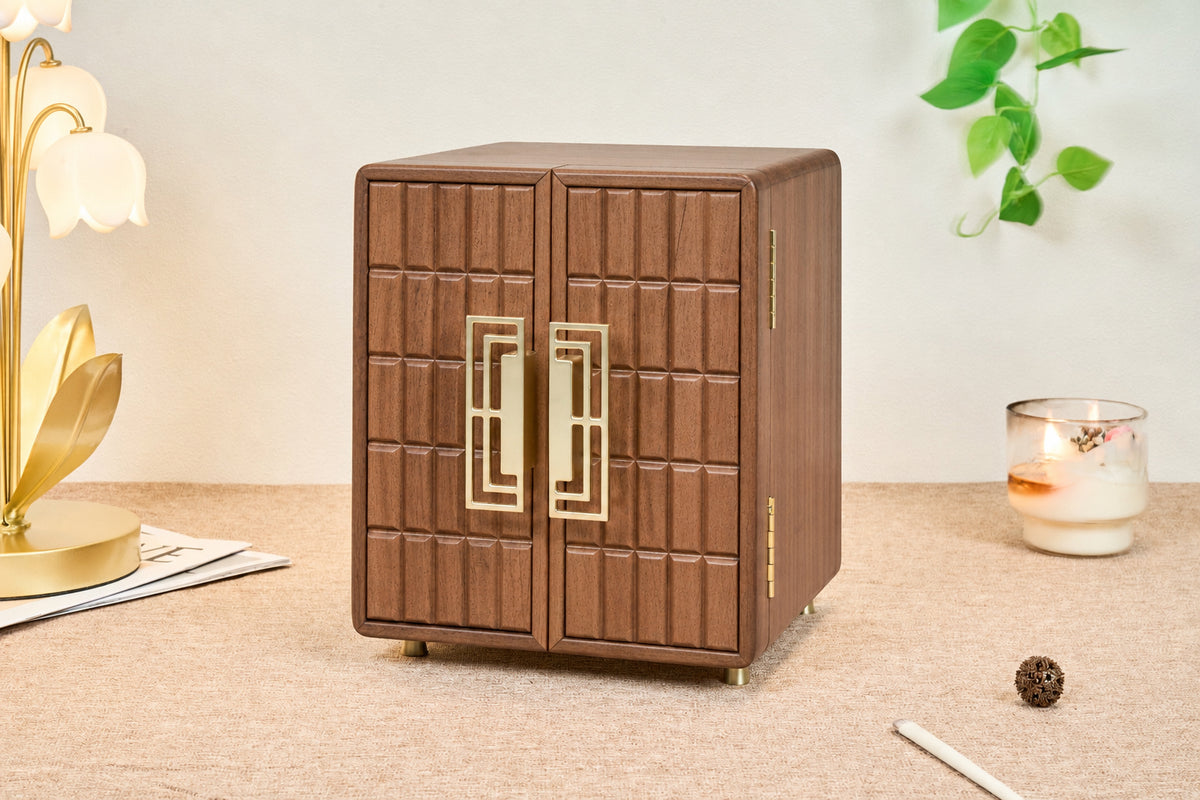 Geometric Walnut Jewelry Cabinet with 5 Drawers & Double Doors 2