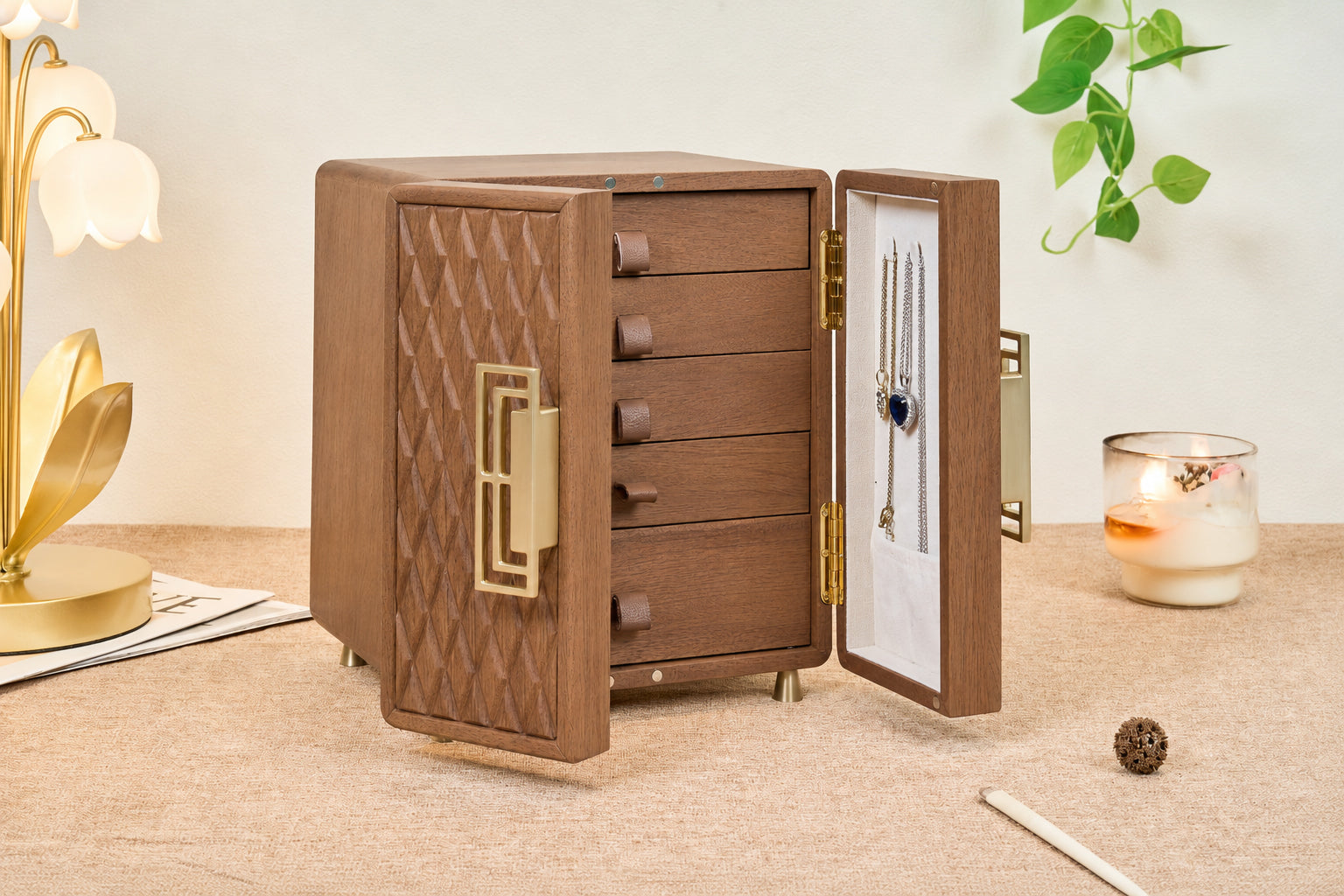 Geometric Walnut Jewelry Cabinet with 5 Drawers & Double Doors 4
