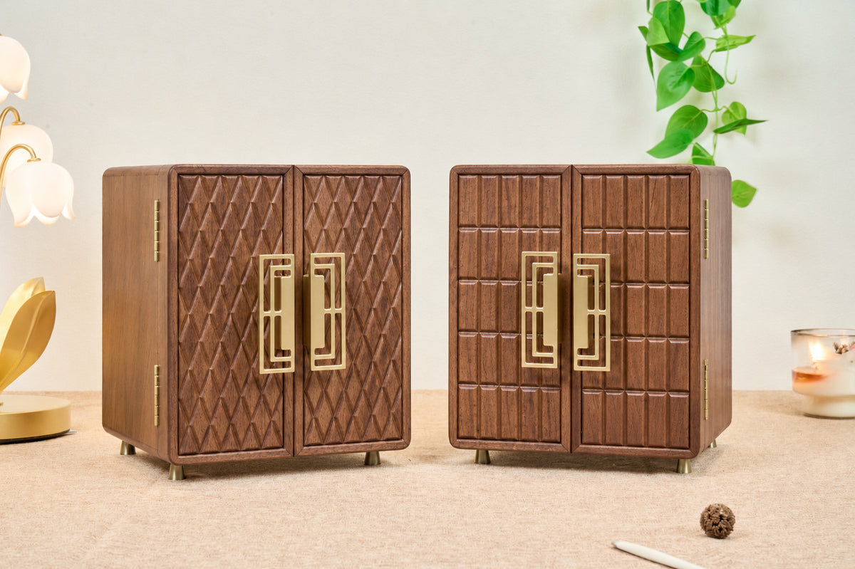 Geometric Walnut Jewelry Cabinet with 5 Drawers & Double Doors 6