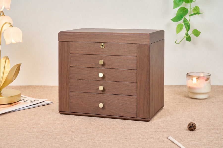 Lockable Walnut Jewelry Box with Mirror, Side Doors & 4 Drawers