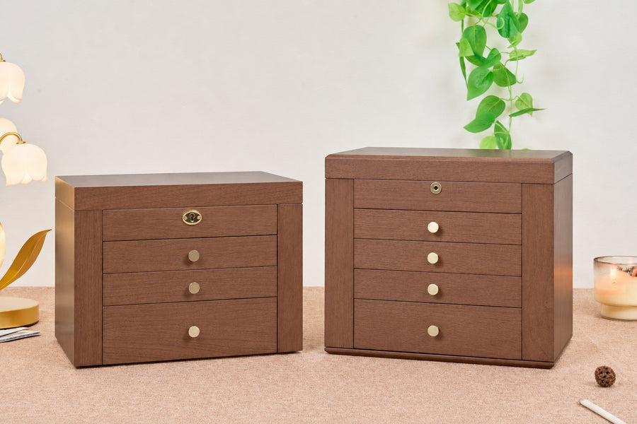 Lockable Walnut Jewelry Box with Mirror, Side Doors & 4 Drawers 4