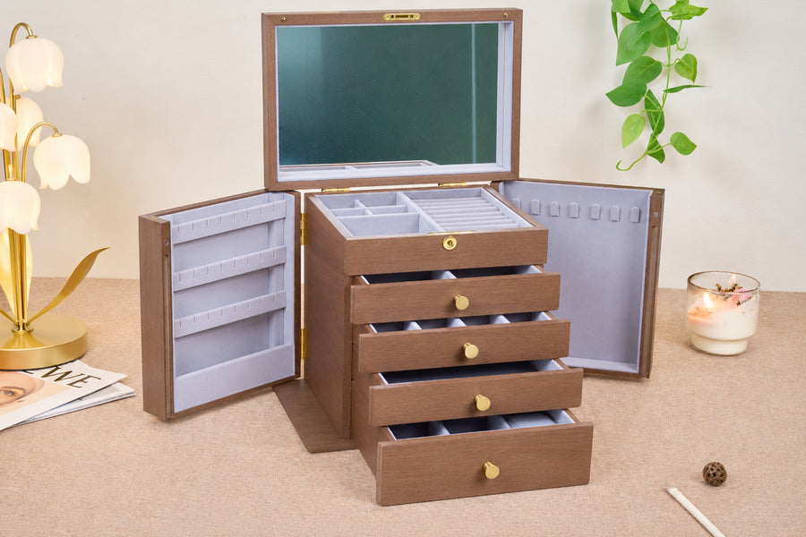Lockable Walnut Jewelry Box with Mirror, Side Doors & 4 Drawers