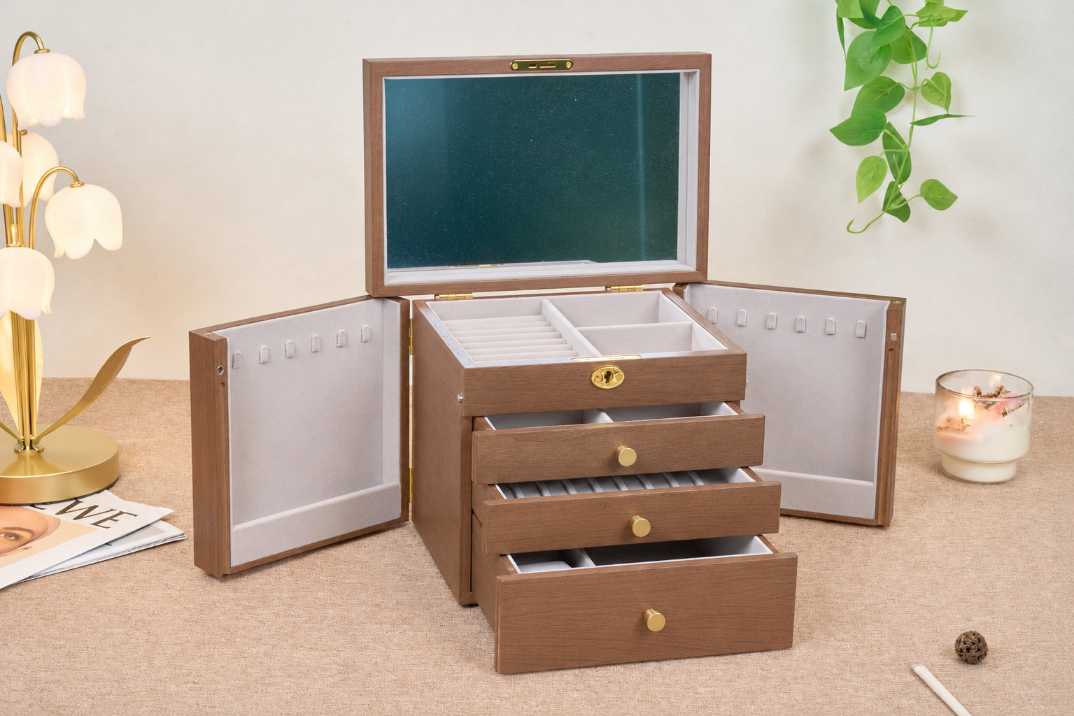Lockable Walnut Jewelry Box with Mirror, Side Doors & 4 Drawers 7