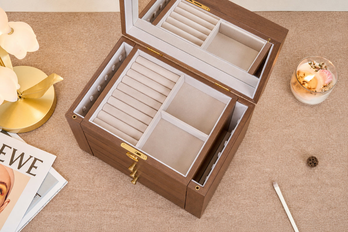 Lockable Walnut Jewelry Box with Mirror, Side Doors & 4 Drawers 8