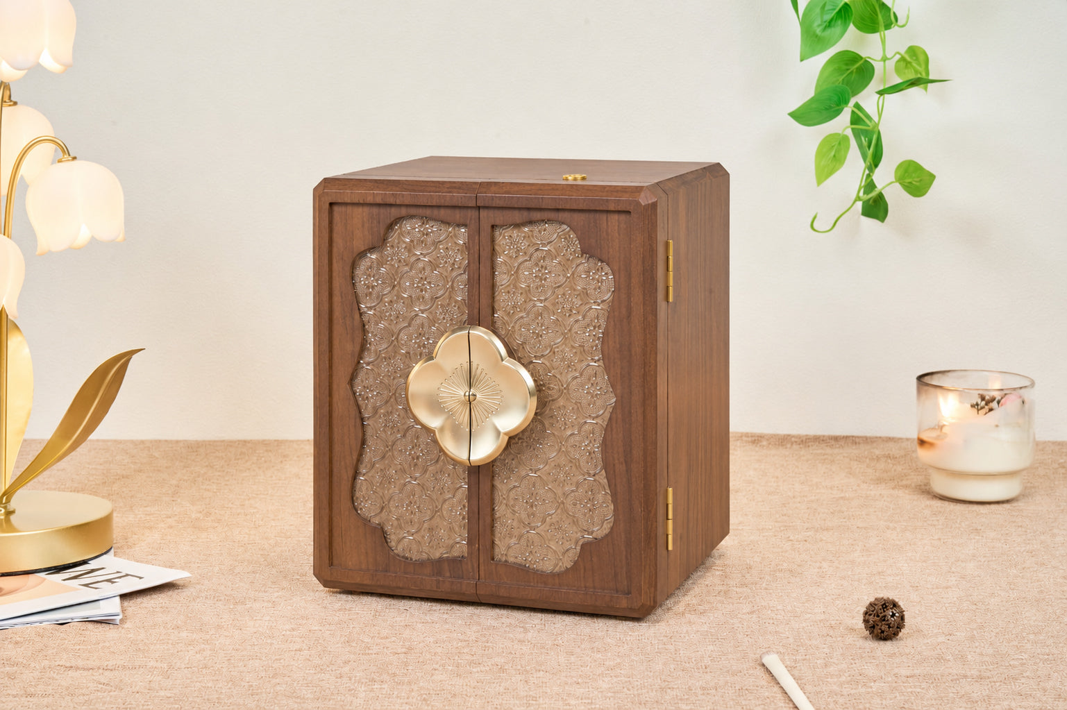 Lockable Walnut Jewelry Cabinet with Flower Hardware & 5 Drawers 3