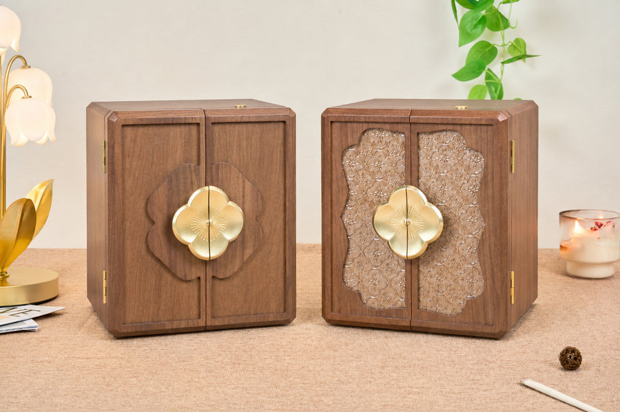 Lockable Walnut Jewelry Cabinet with Flower Hardware & 5 Drawers 4