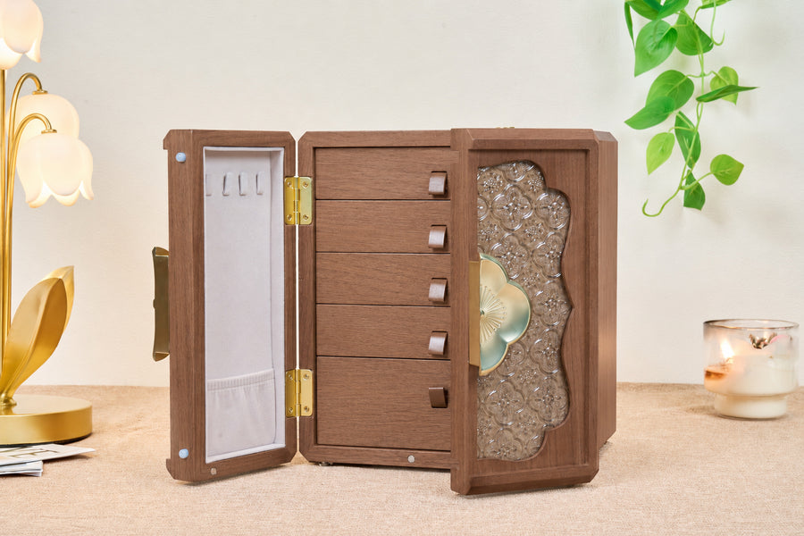 Lockable Walnut Jewelry Cabinet with Flower Hardware & 5 Drawers