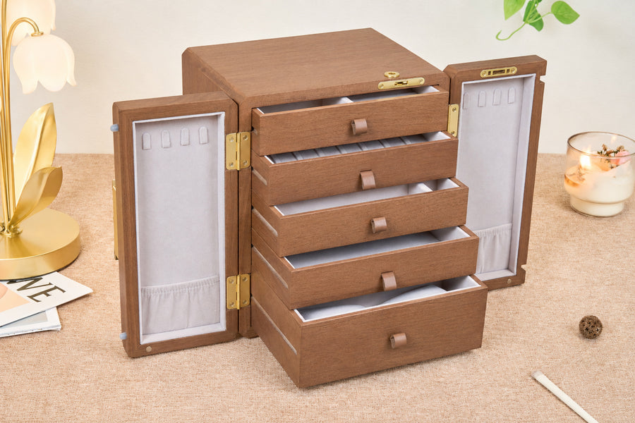 Lockable Walnut Jewelry Cabinet with Flower Hardware & 5 Drawers