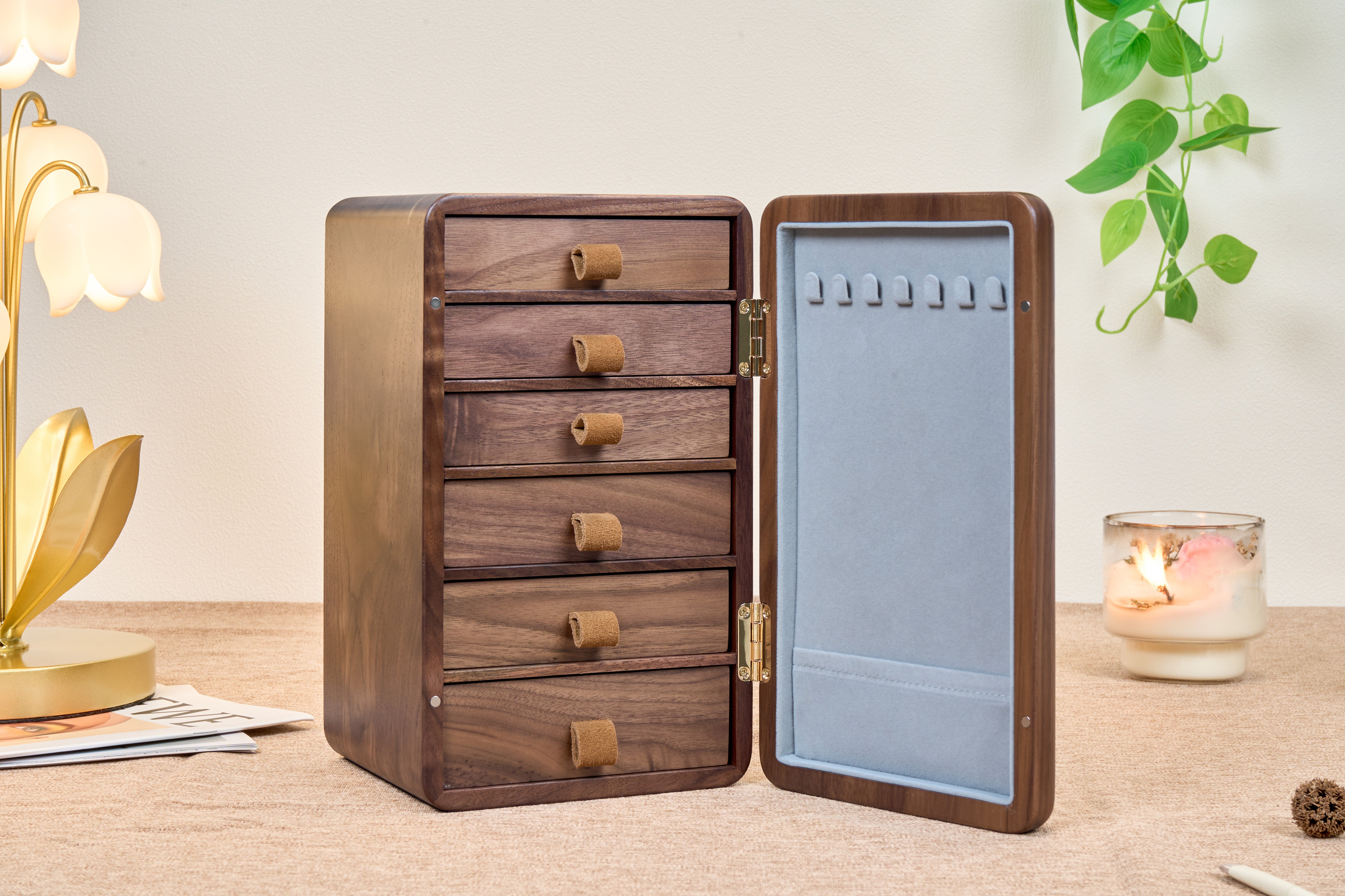 6-Drawer Vertical Walnut Jewelry Cabinet with Brass Handle 5