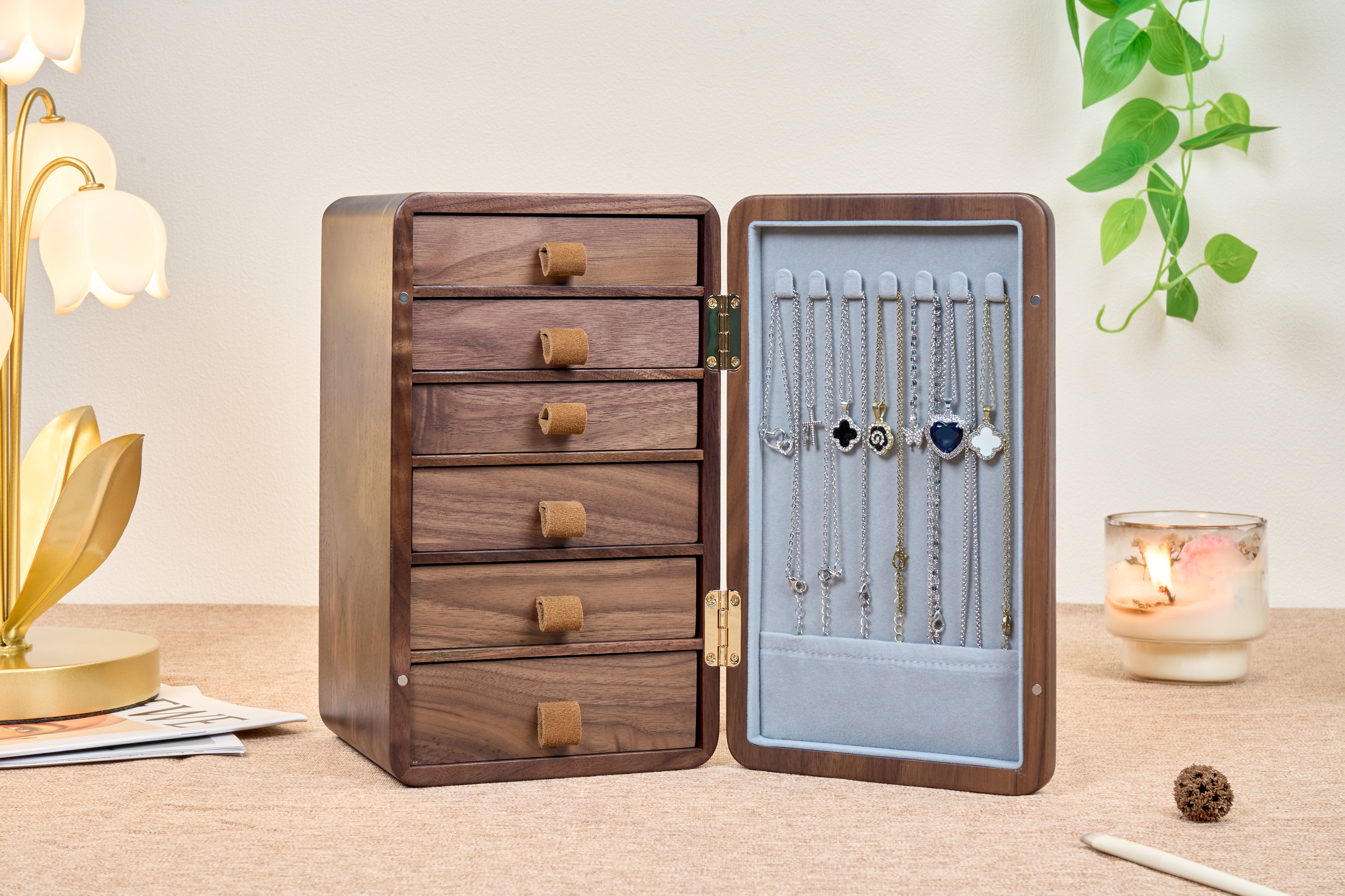 6-Drawer Vertical Walnut Jewelry Cabinet with Brass Handle 9
