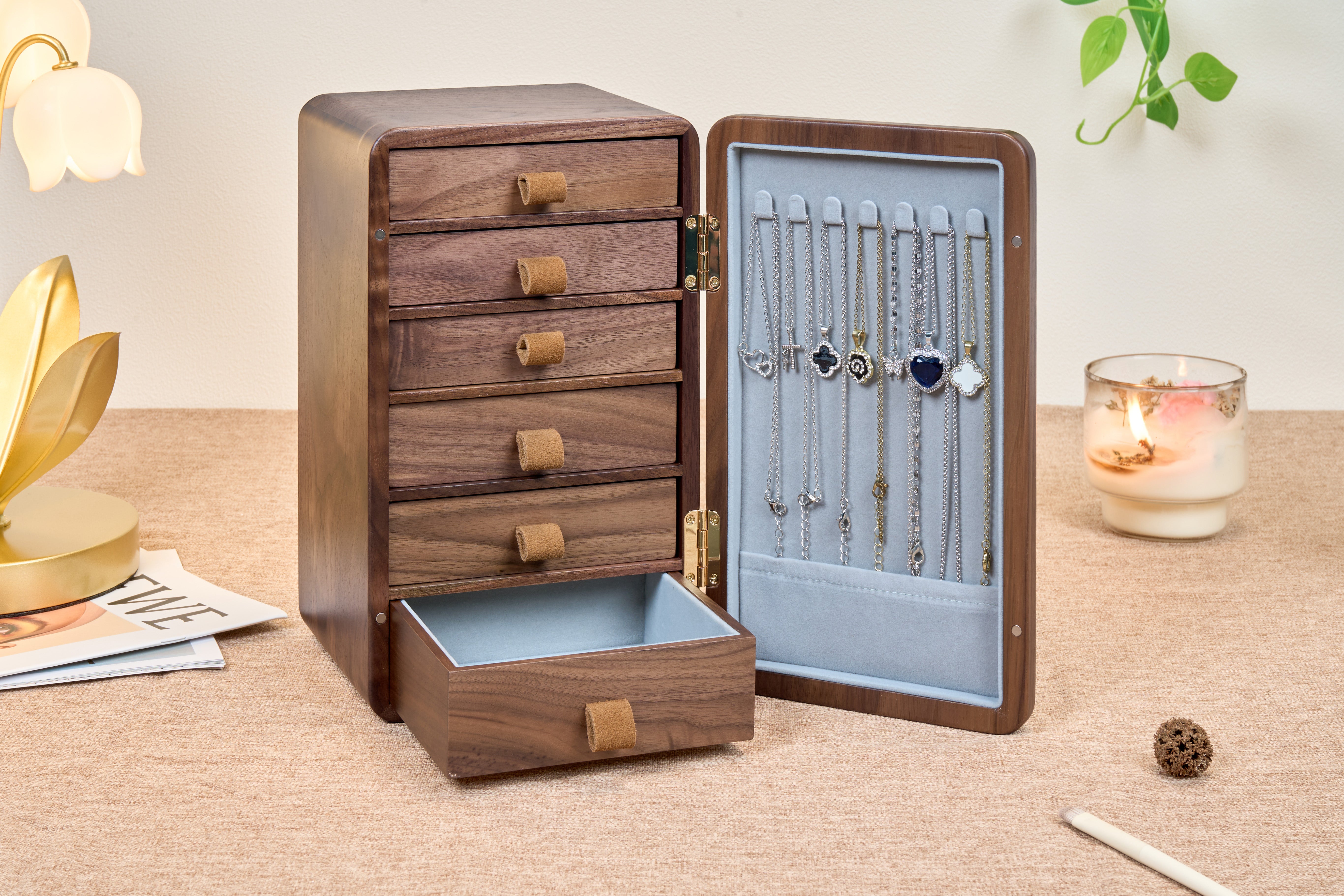 6-Drawer Vertical Walnut Jewelry Cabinet with Brass Handle 10