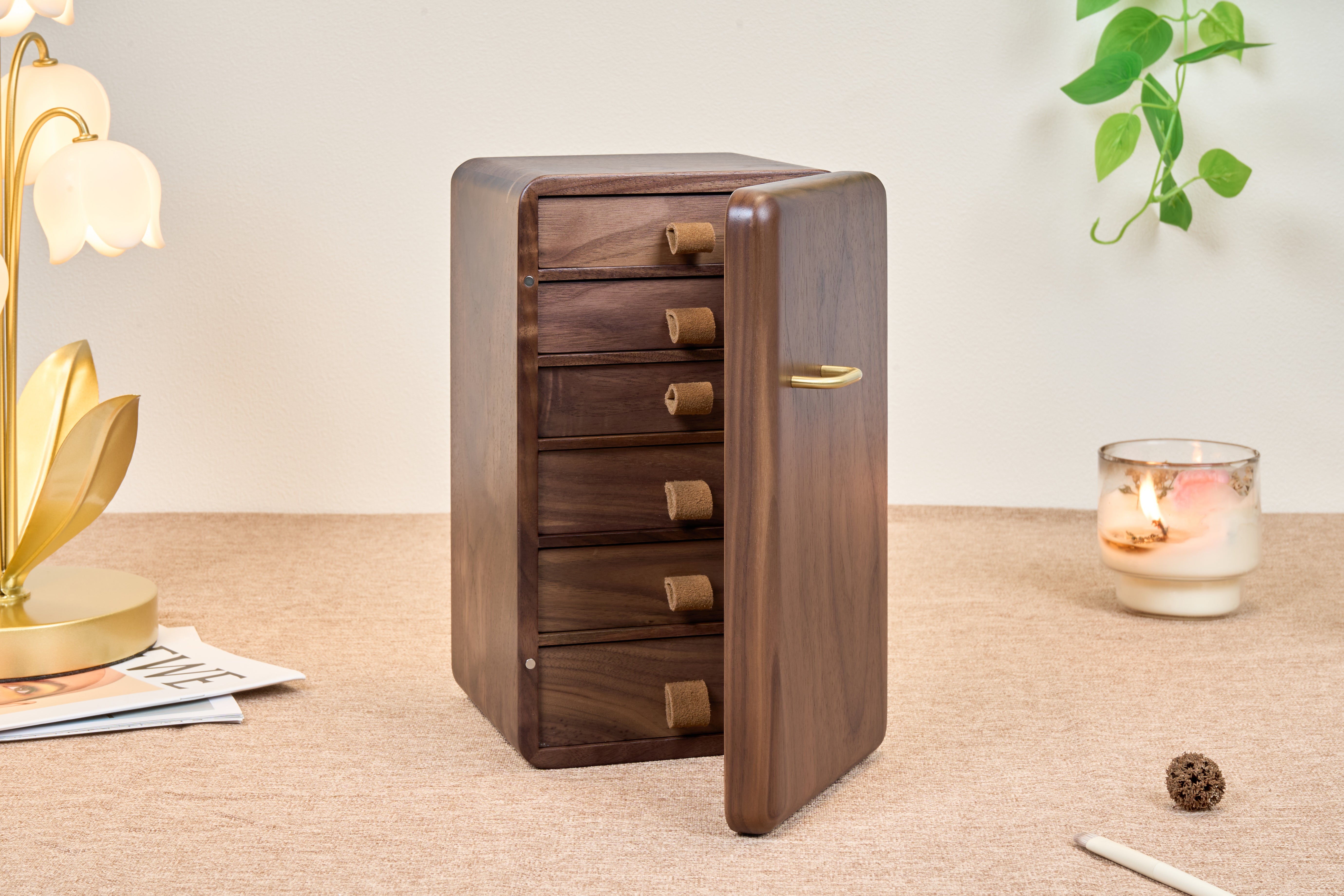 6-Drawer Vertical Walnut Jewelry Cabinet with Brass Handle 11