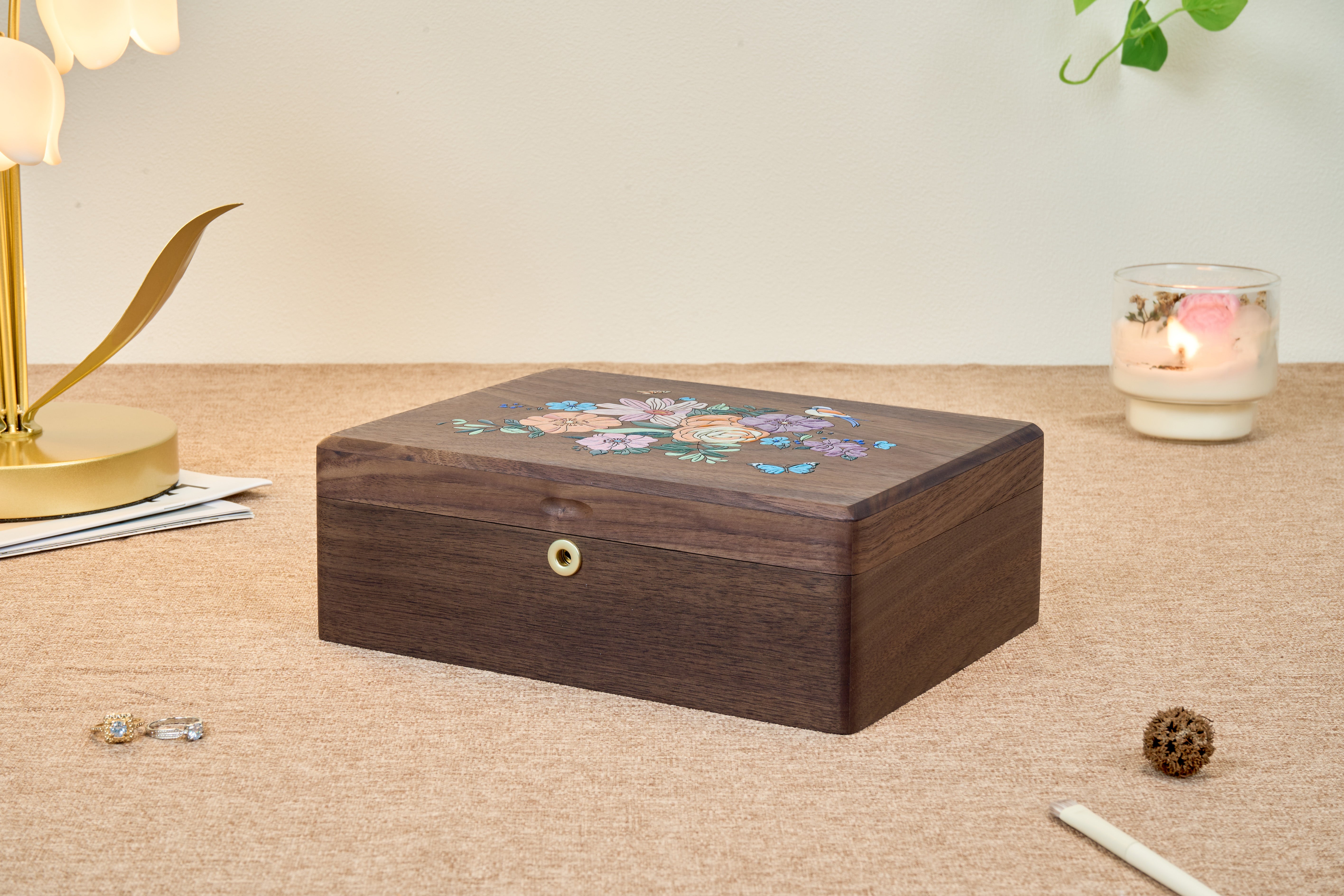 Locking Walnut Jewelry Box with Floral Inlay & Removable Tray 1