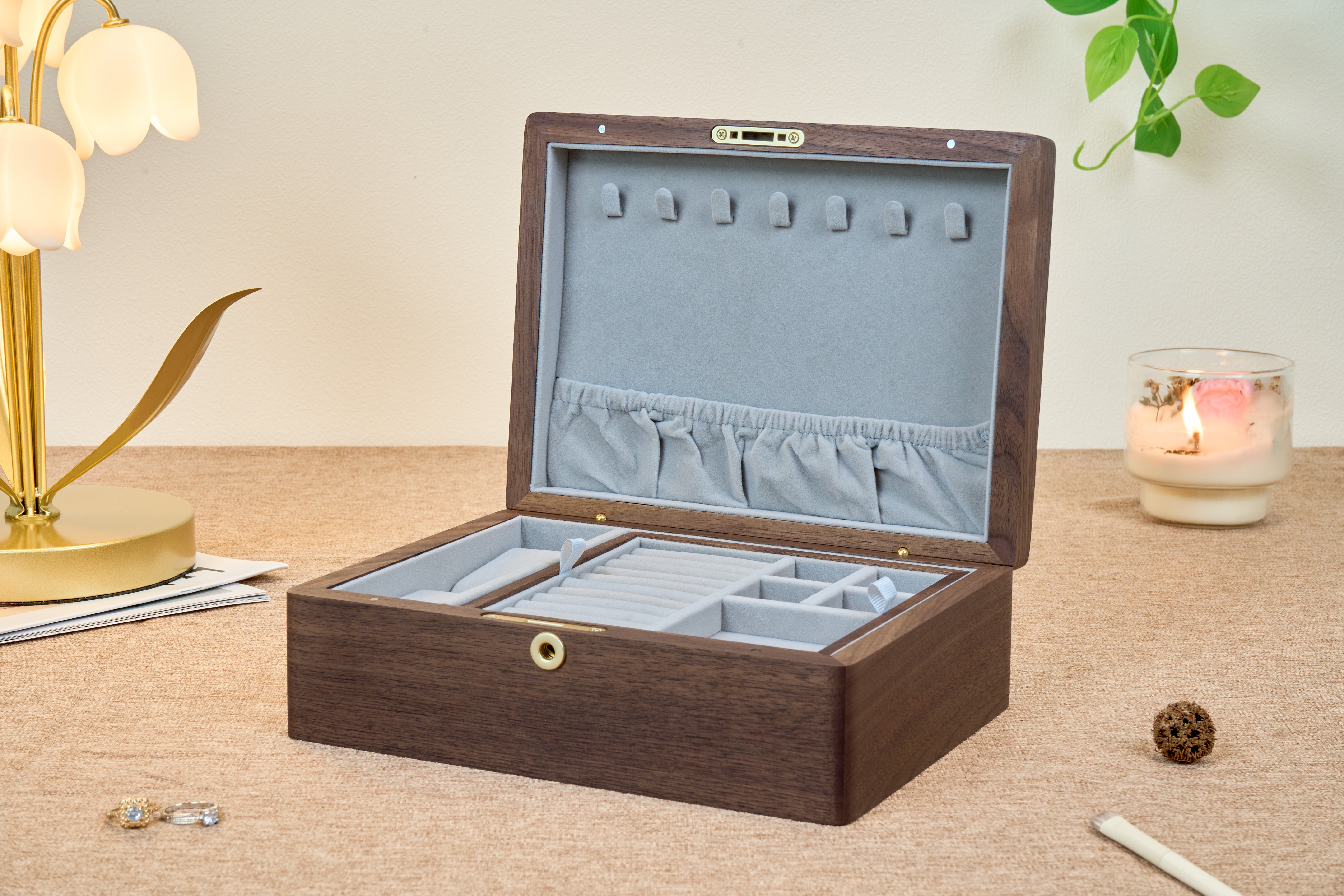 Locking Walnut Jewelry Box with Floral Inlay & Removable Tray 2