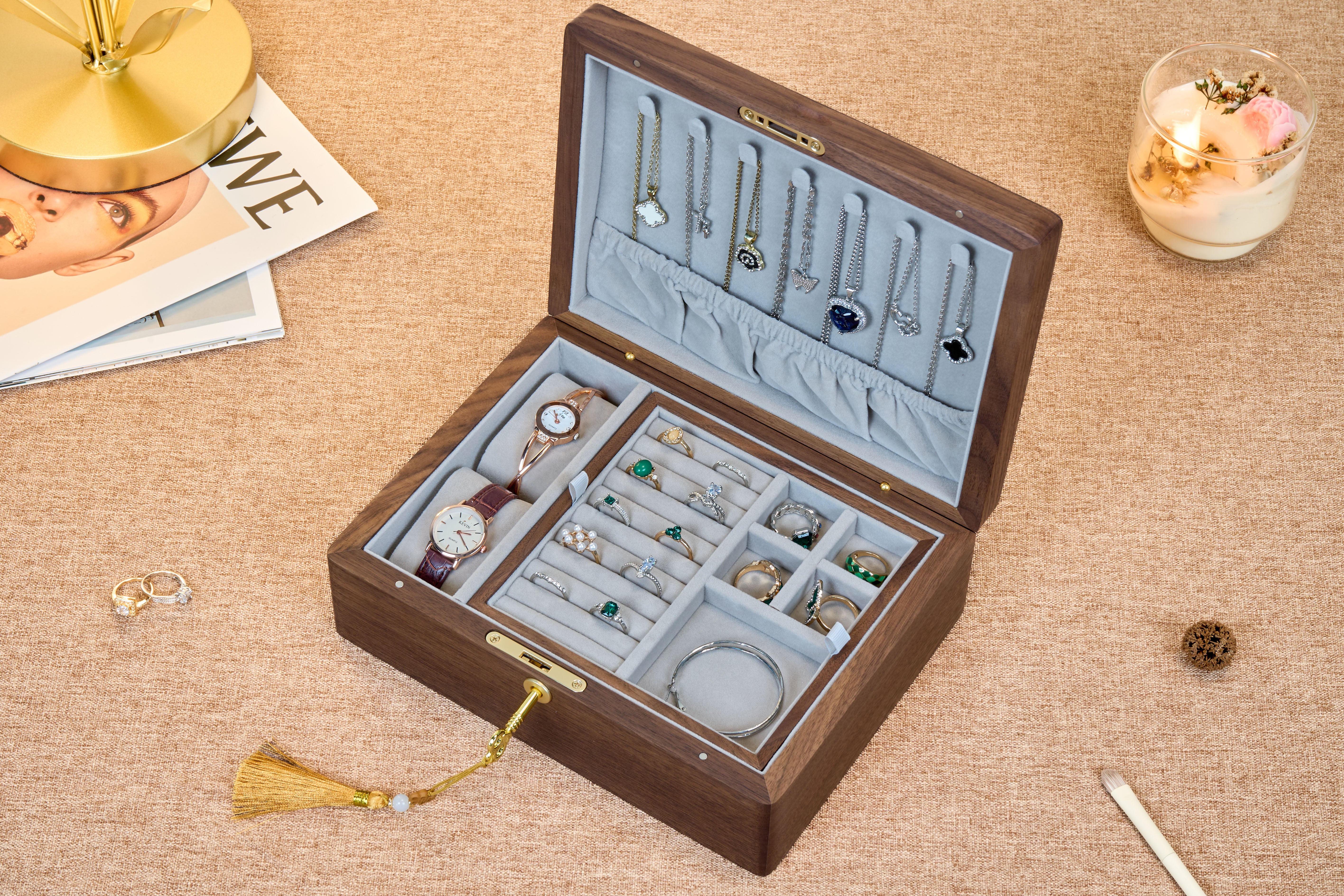 Locking Walnut Jewelry Box with Floral Inlay & Removable Tray 8