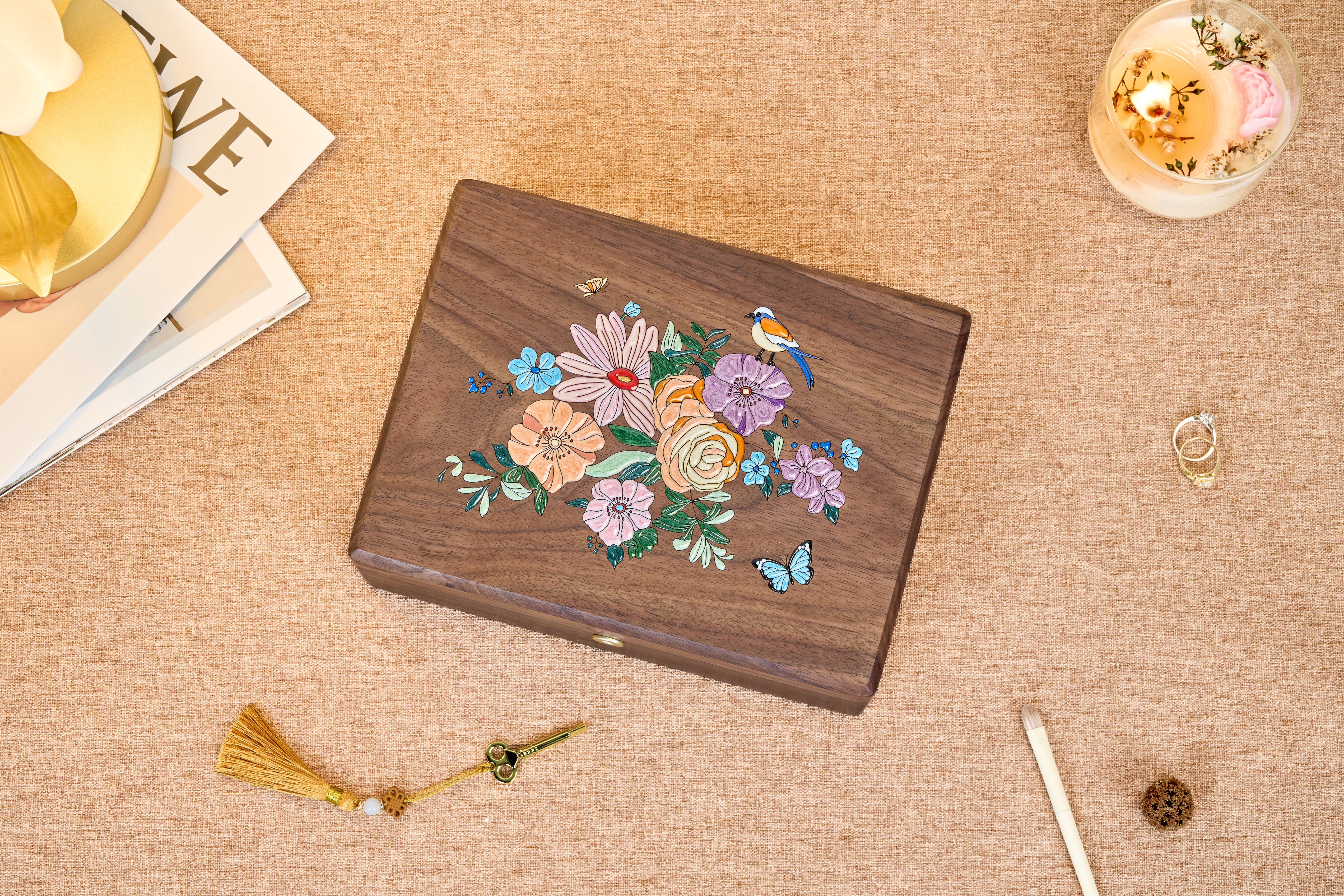 Locking Walnut Jewelry Box with Floral Inlay & Removable Tray 15
