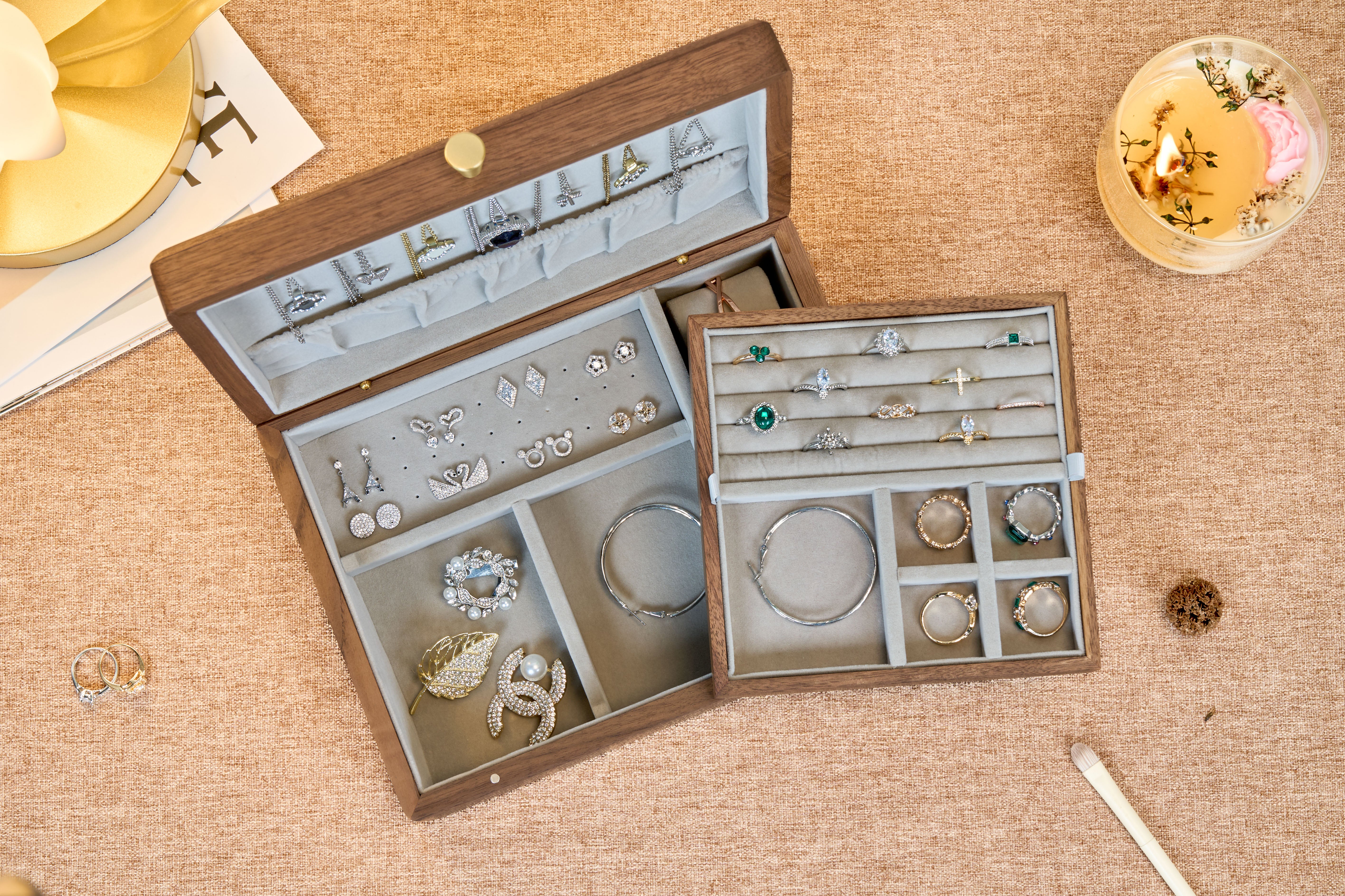 Two-Tier Walnut Jewelry Box with Removable Tray & Hooks 1