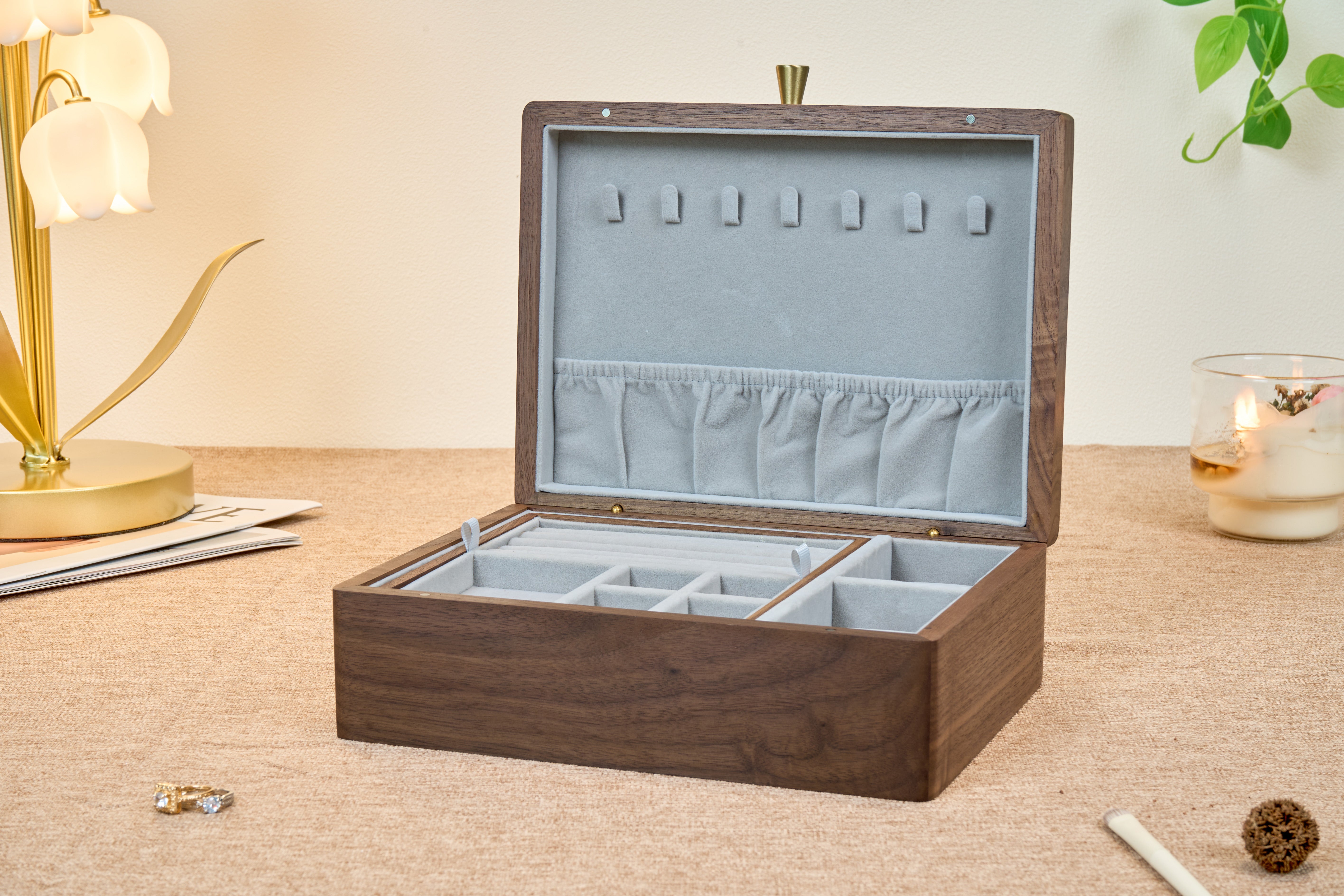 Two-Tier Walnut Jewelry Box with Removable Tray & Hooks 2