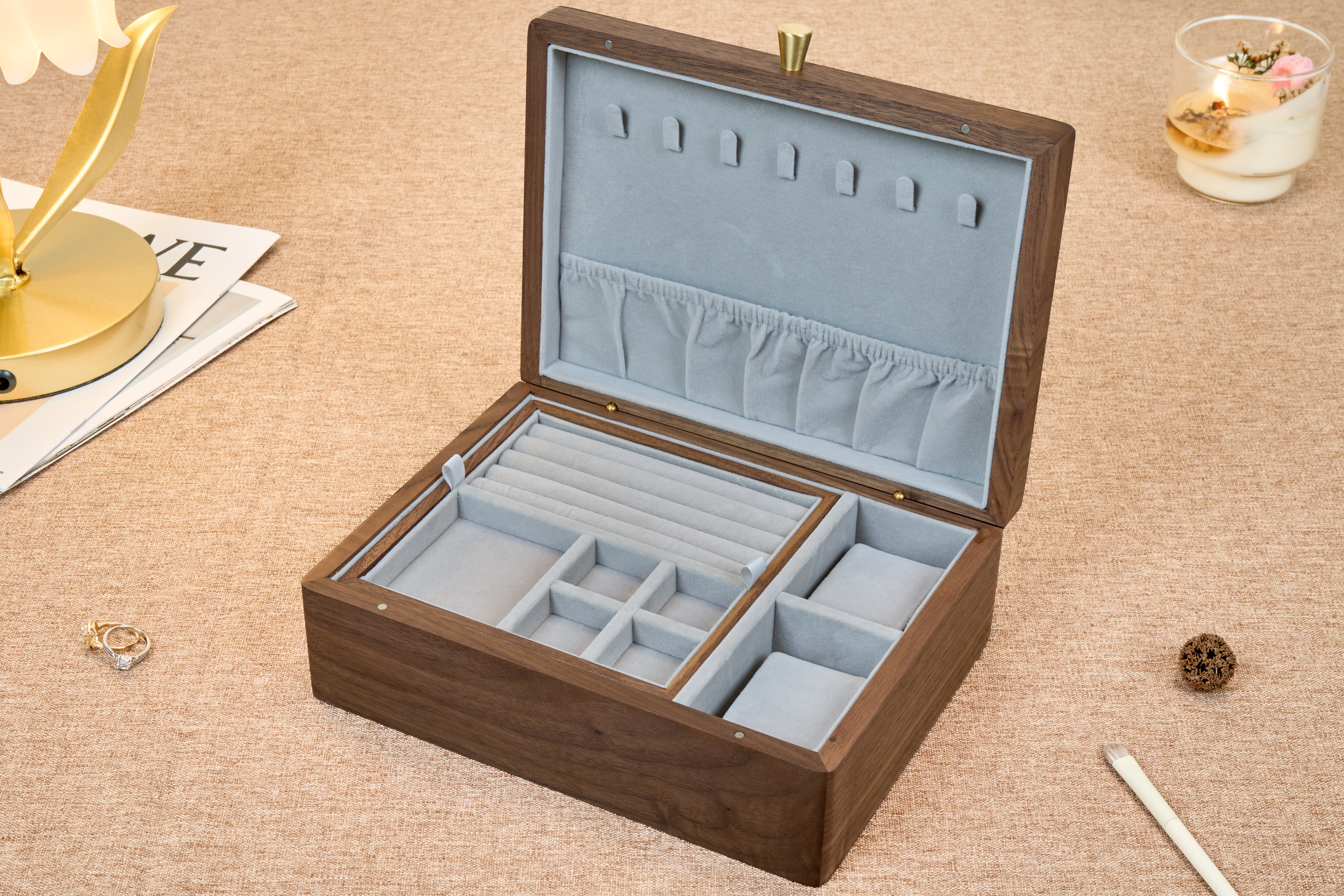 Two-Tier Walnut Jewelry Box with Removable Tray & Hooks 4